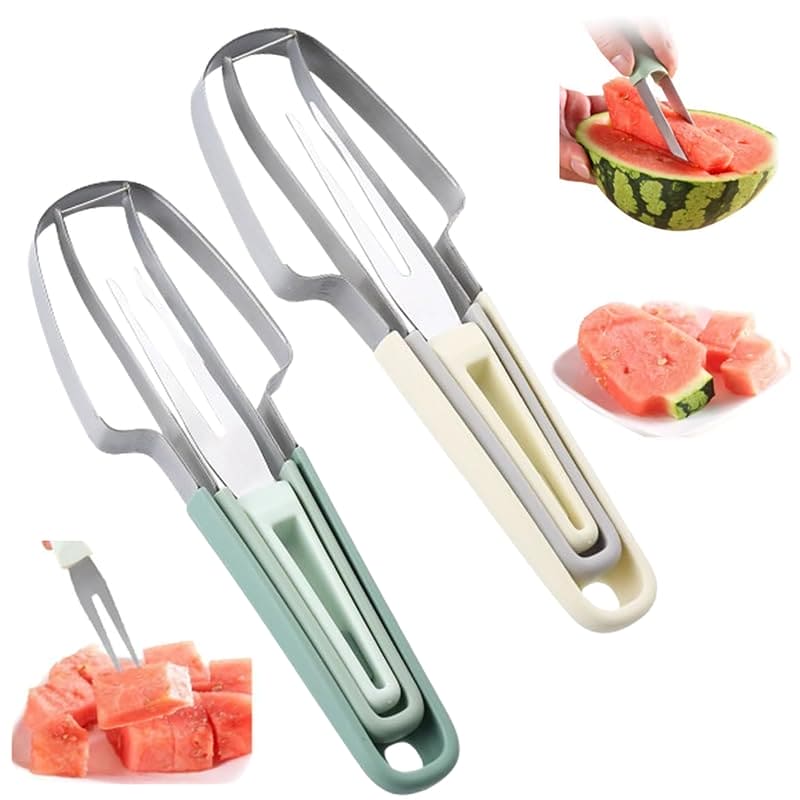 2024 Watermelon Cutter, 3-in-1 Watermelon Fork Slicer Cutter Stainless Steel Watermelon Windmill Cutter, 3 In 1 Summer Watermelon Cutting Tool Fork Slicer Knife Set for Home