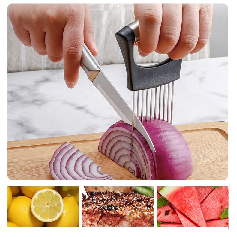 Onion Holder for Slicing, 2024 Upgraded Stainless Steel Lemon Slicer Onion Cutter for Slicing, Vegetable Cutter Kitchen Chopper Slicing Assistant Tool for Potato and Tomato Avocados Eggs Meat (1)