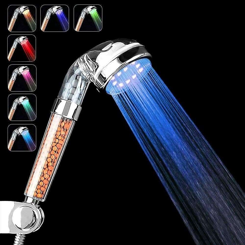 PRUGNA LED Shower Head with Hose, Shower Arm Bracket, High-Pressure Filter Handheld, Repair Dry Skin and Hair Loss - 7 Colors Change Cyclically