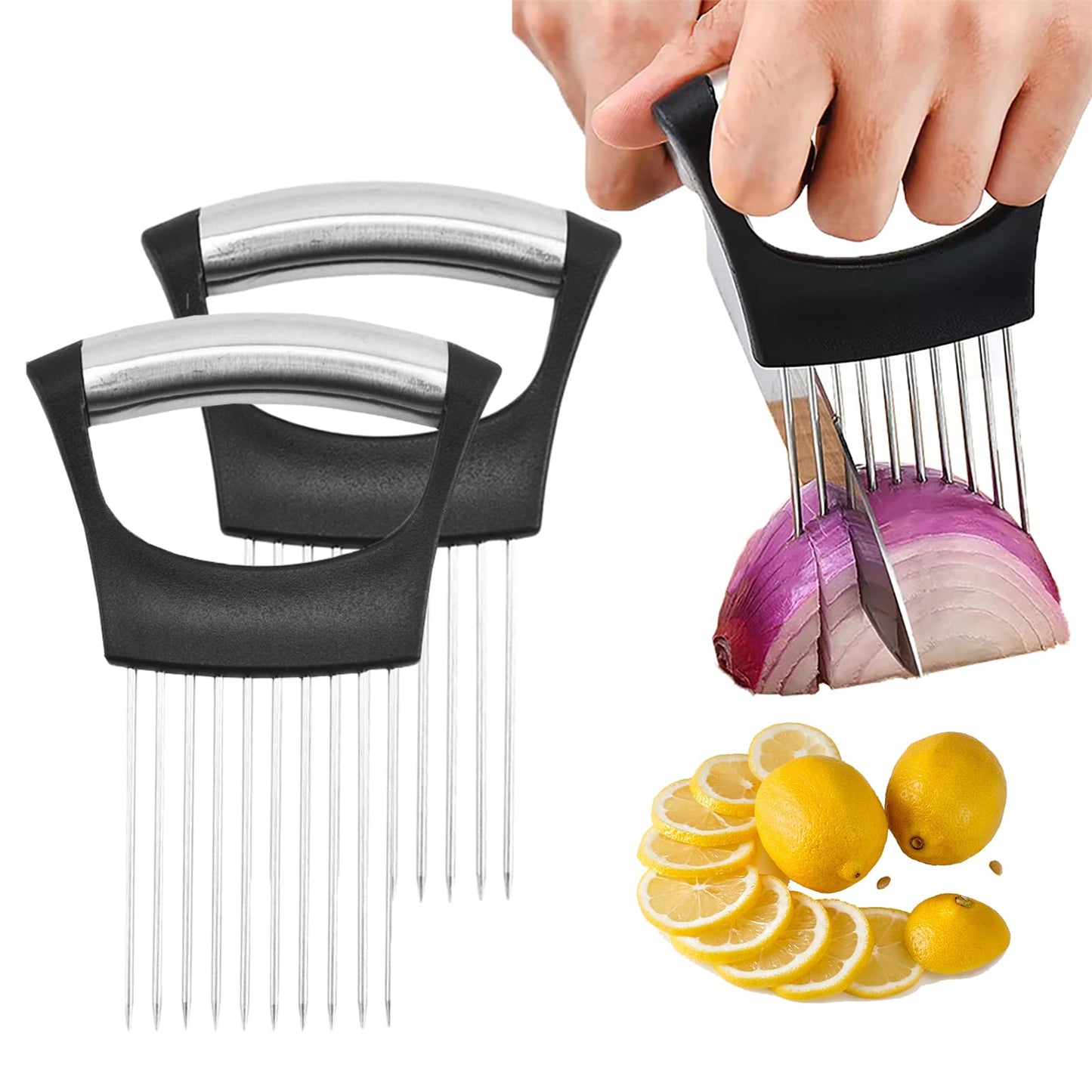 Onion Holder for Slicing, 2024 Upgraded Stainless Steel Lemon Slicer Onion Cutter for Slicing, Vegetable Cutter Kitchen Chopper Slicing Assistant Tool for Potato and Tomato Avocados Eggs Meat (1)