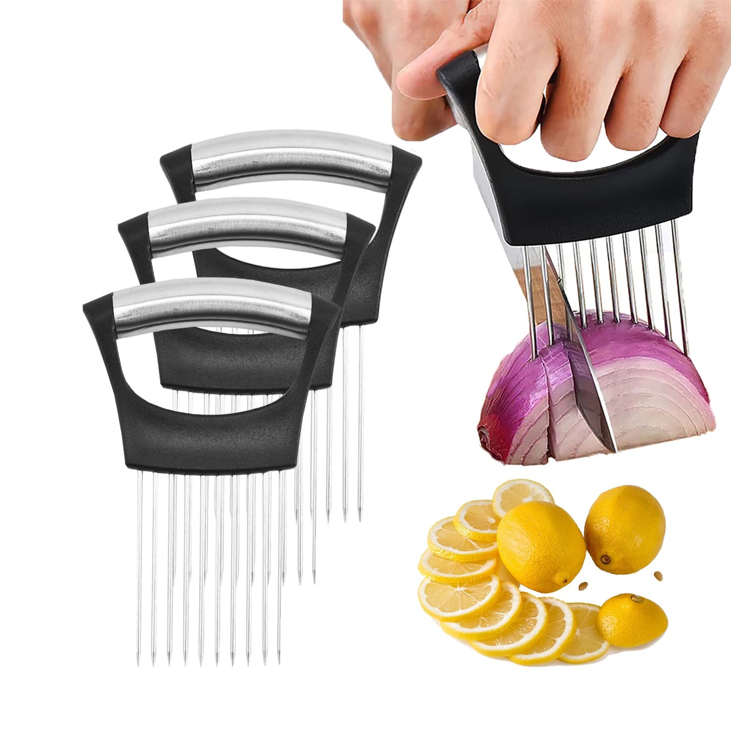 Onion Holder for Slicing, 2024 Upgraded Stainless Steel Lemon Slicer Onion Cutter for Slicing, Vegetable Cutter Kitchen Chopper Slicing Assistant Tool for Potato and Tomato Avocados Eggs Meat (1)