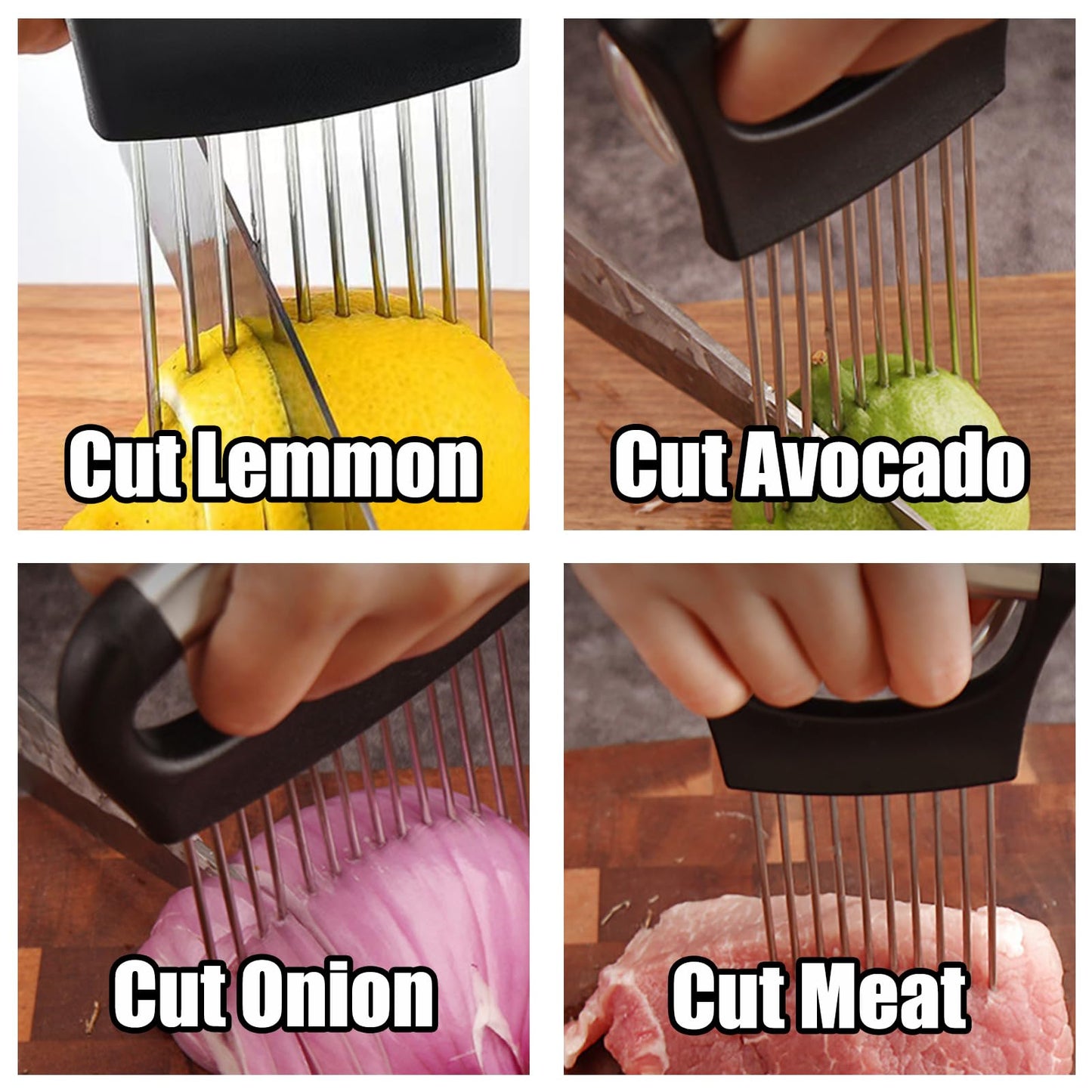 Onion Holder for Slicing, 2024 Upgraded Stainless Steel Lemon Slicer Onion Cutter for Slicing, Vegetable Cutter Kitchen Chopper Slicing Assistant Tool for Potato and Tomato Avocados Eggs Meat (1)