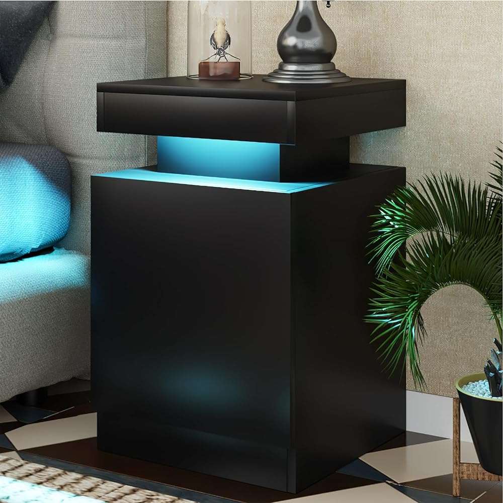 oneinmil Nightstand Set of 2 with LED Lights,Night Stand with Storage Cabinet for Bedroom,Bedside Table with LED, Black