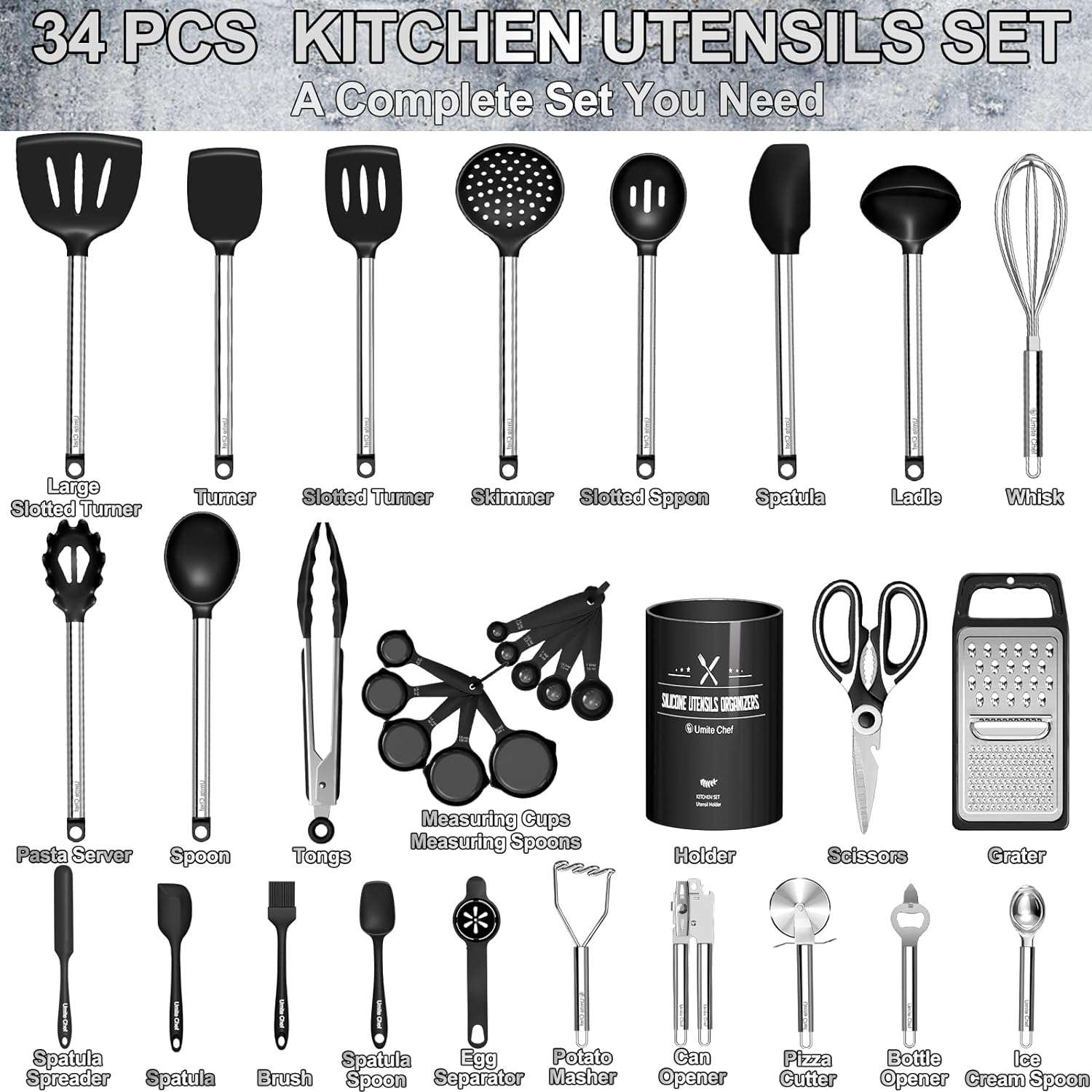 Kitchen Utensils Set-Umite Chef 34 Pcs Silicone Cooking Utensils Set for Nonstick Cookware-Silicone Spatulas Set, Stainless Steel Handle-Black