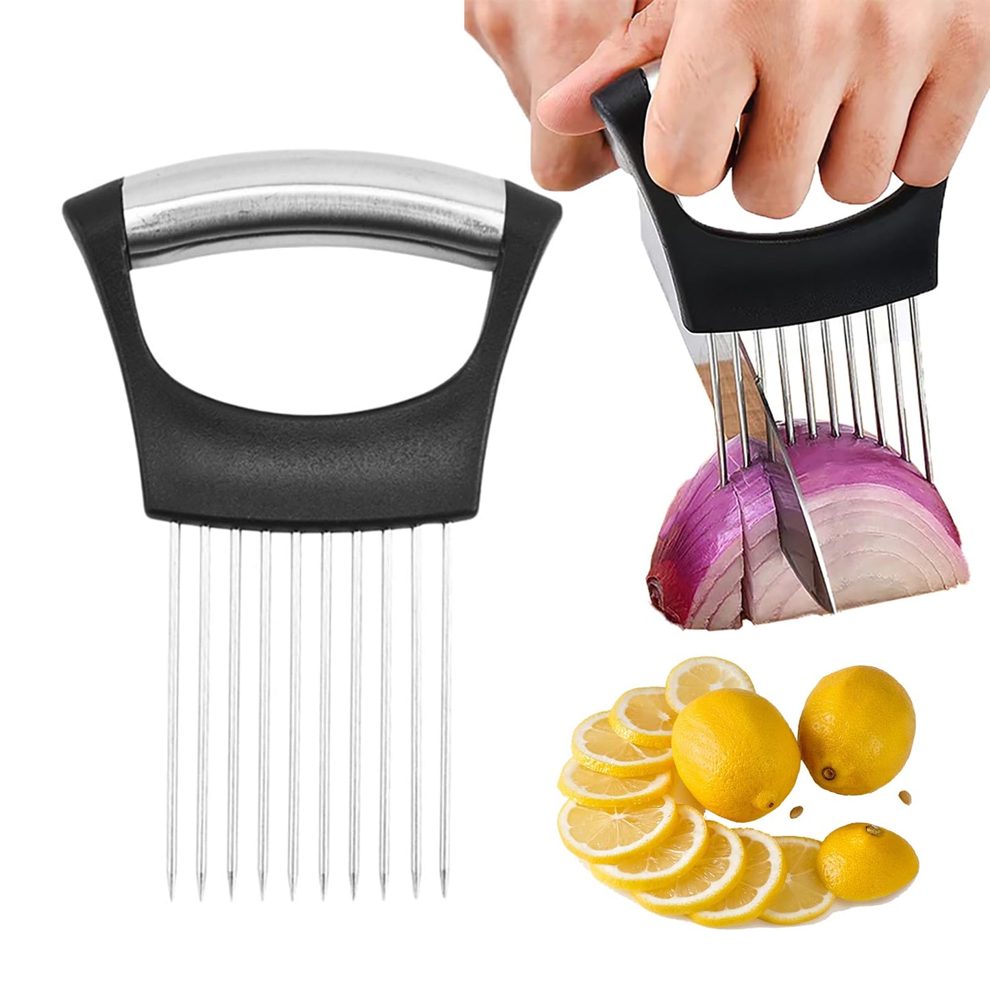 Onion Holder for Slicing, 2024 Upgraded Stainless Steel Lemon Slicer Onion Cutter for Slicing, Vegetable Cutter Kitchen Chopper Slicing Assistant Tool for Potato and Tomato Avocados Eggs Meat (1)