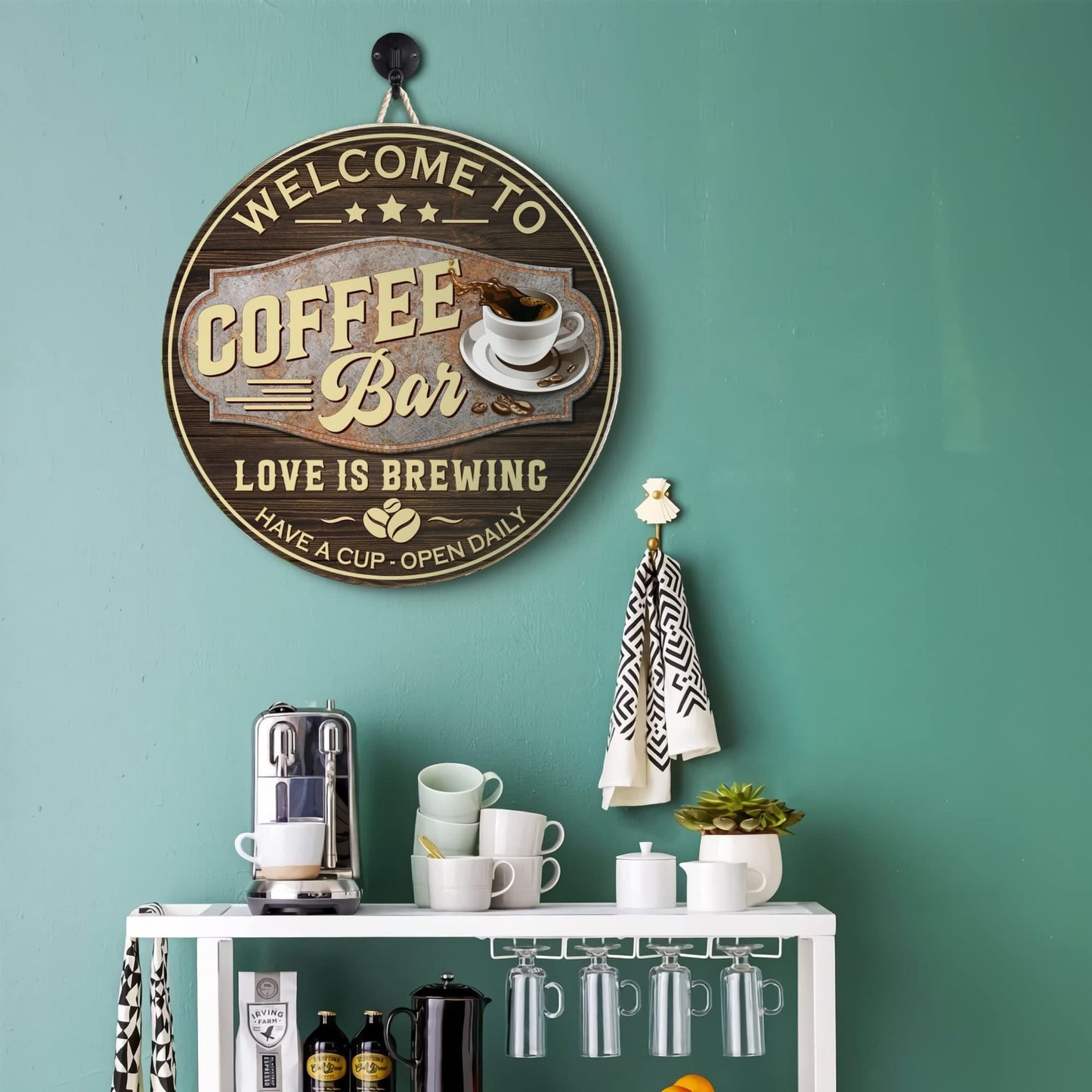 Coffee Bar Sign - Accessories for Tea & Coffee Bar, Hot Chocolate Station, Kitchen Cafe Pub Home - Coffee Lover Gift - Housewarming Christmas Gift for Farmhouse - Vintage Wall Hanging Decor