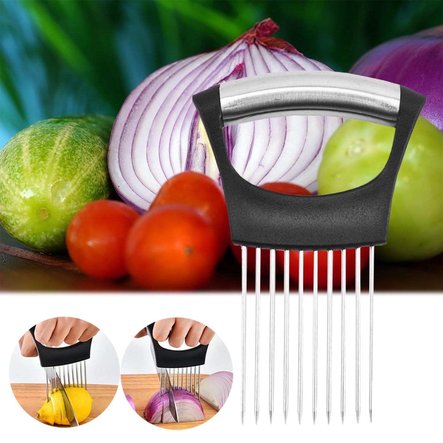 Onion Holder for Slicing, 2024 Upgraded Stainless Steel Lemon Slicer Onion Cutter for Slicing, Vegetable Cutter Kitchen Chopper Slicing Assistant Tool for Potato and Tomato Avocados Eggs Meat (1)