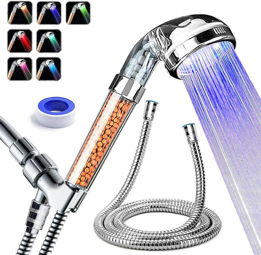 PRUGNA LED Shower Head with Hose, Shower Arm Bracket, High-Pressure Filter Handheld, Repair Dry Skin and Hair Loss - 7 Colors Change Cyclically