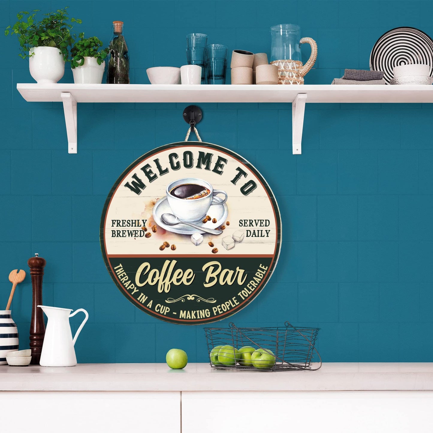 Coffee Bar Sign - Accessories for Tea & Coffee Bar, Hot Chocolate Station, Kitchen Cafe Pub Home - Coffee Lover Gift - Housewarming Christmas Gift for Farmhouse - Vintage Wall Hanging Decor