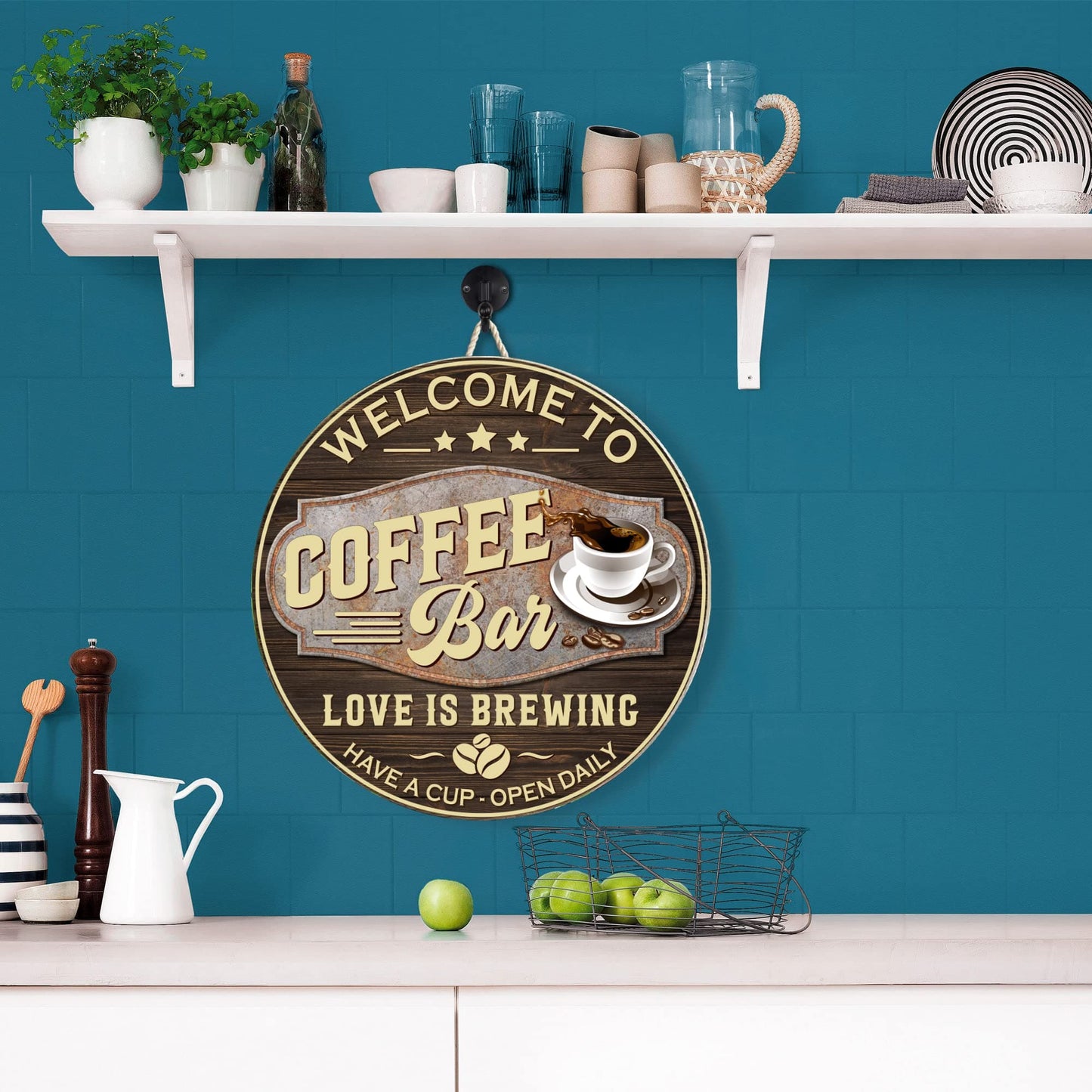 Coffee Bar Sign - Accessories for Tea & Coffee Bar, Hot Chocolate Station, Kitchen Cafe Pub Home - Coffee Lover Gift - Housewarming Christmas Gift for Farmhouse - Vintage Wall Hanging Decor