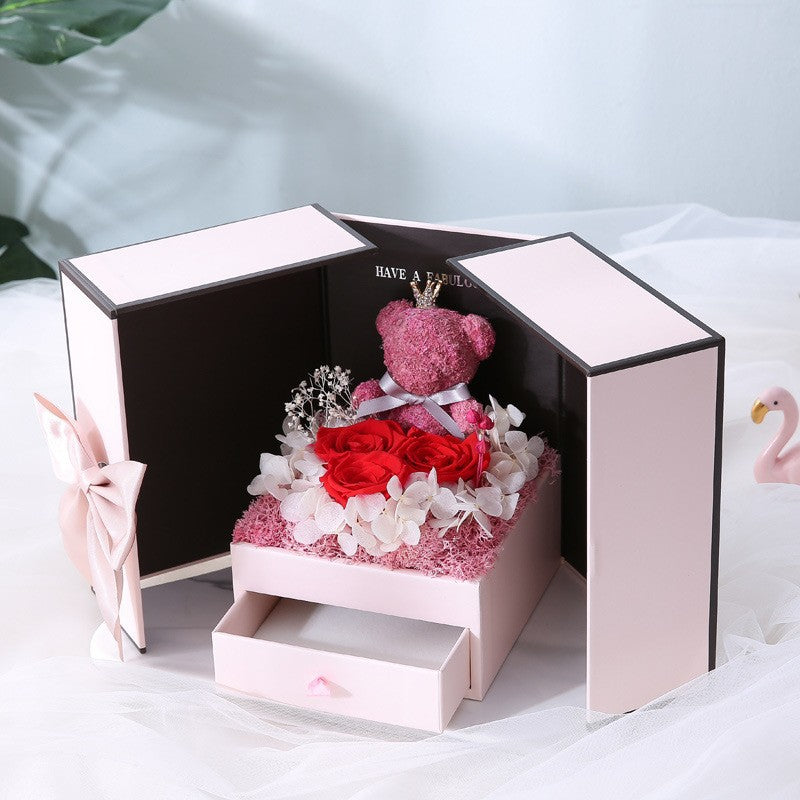 Holiday gift box packaging 520 lovers rose bear birthday gift eternal flowers double door gift box accessories wholesale
