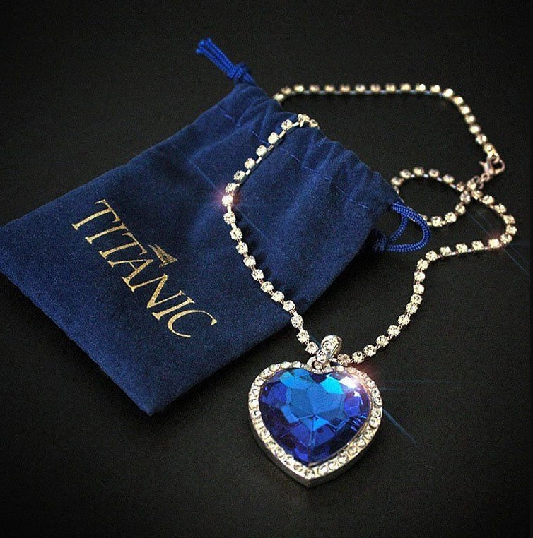 Optimize product title: Titanic Heart of Ocean Blue Heart Pendant Necklace with Velvet Bag