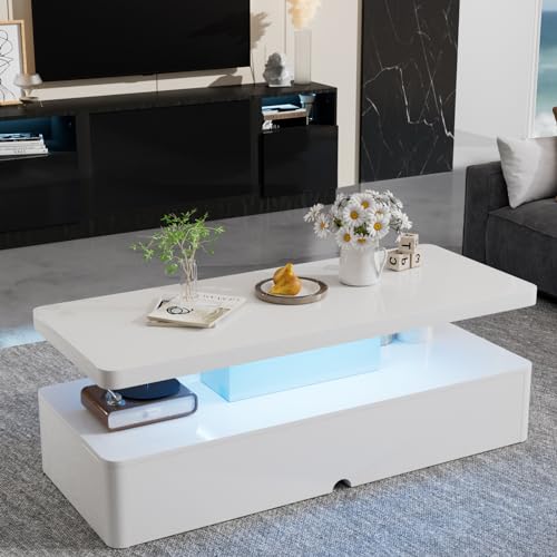 oneinmil Modern Stylish Coffee Table with 16 Colors LED Lights, Double-Layer Design for Living Room, Black