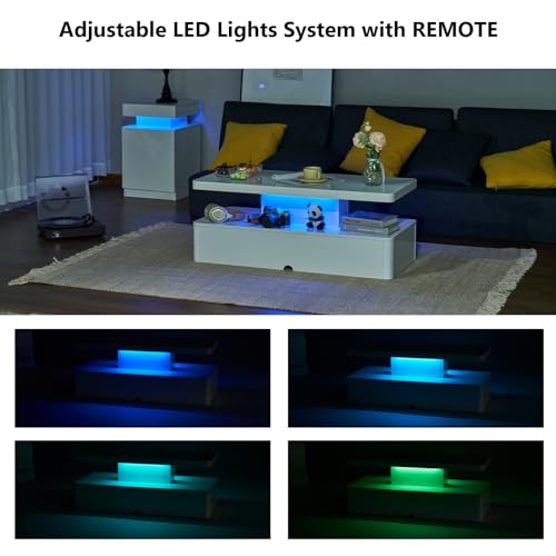 oneinmil Modern Stylish Coffee Table with 16 Colors LED Lights, Double-Layer Design for Living Room, Black