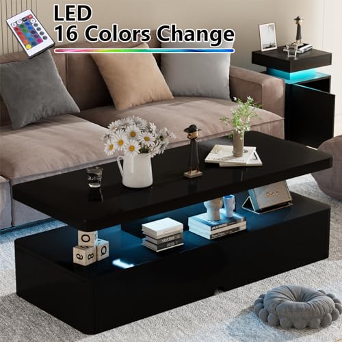 oneinmil Modern Stylish Coffee Table with 16 Colors LED Lights, Double-Layer Design for Living Room, Black