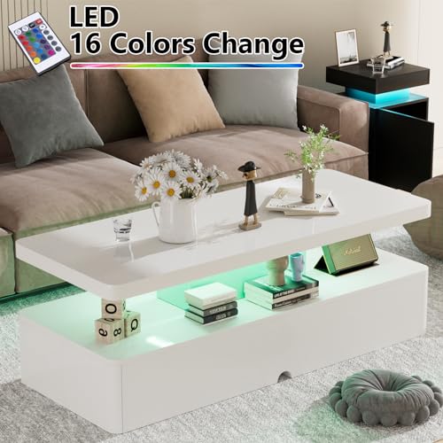 oneinmil Modern Stylish Coffee Table with 16 Colors LED Lights, Double-Layer Design for Living Room, Black