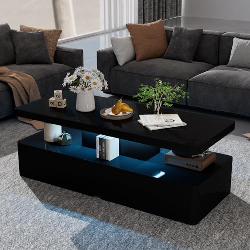 oneinmil Modern Stylish Coffee Table with 16 Colors LED Lights, Double-Layer Design for Living Room, Black