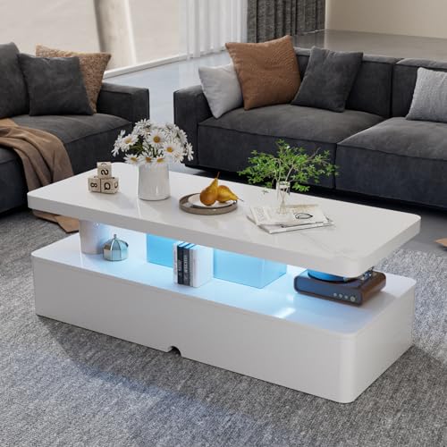 oneinmil Modern Stylish Coffee Table with 16 Colors LED Lights, Double-Layer Design for Living Room, Black