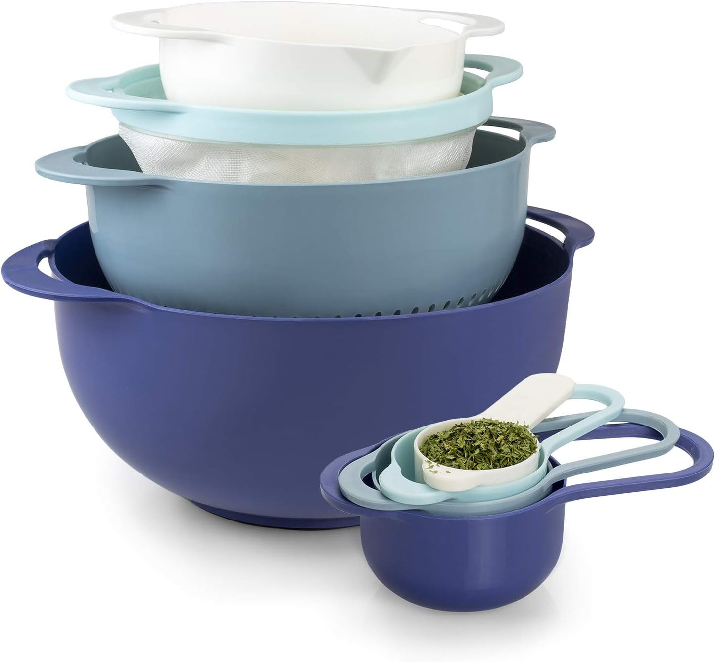 COLORFUL 8 Piece Nesting Bowls, Measuring Cups Colander and Sifter Set - Includes 2 Mixing Bowls, 1 Colander, 1 Sifter and 4 Measuring Cups,Mint Green