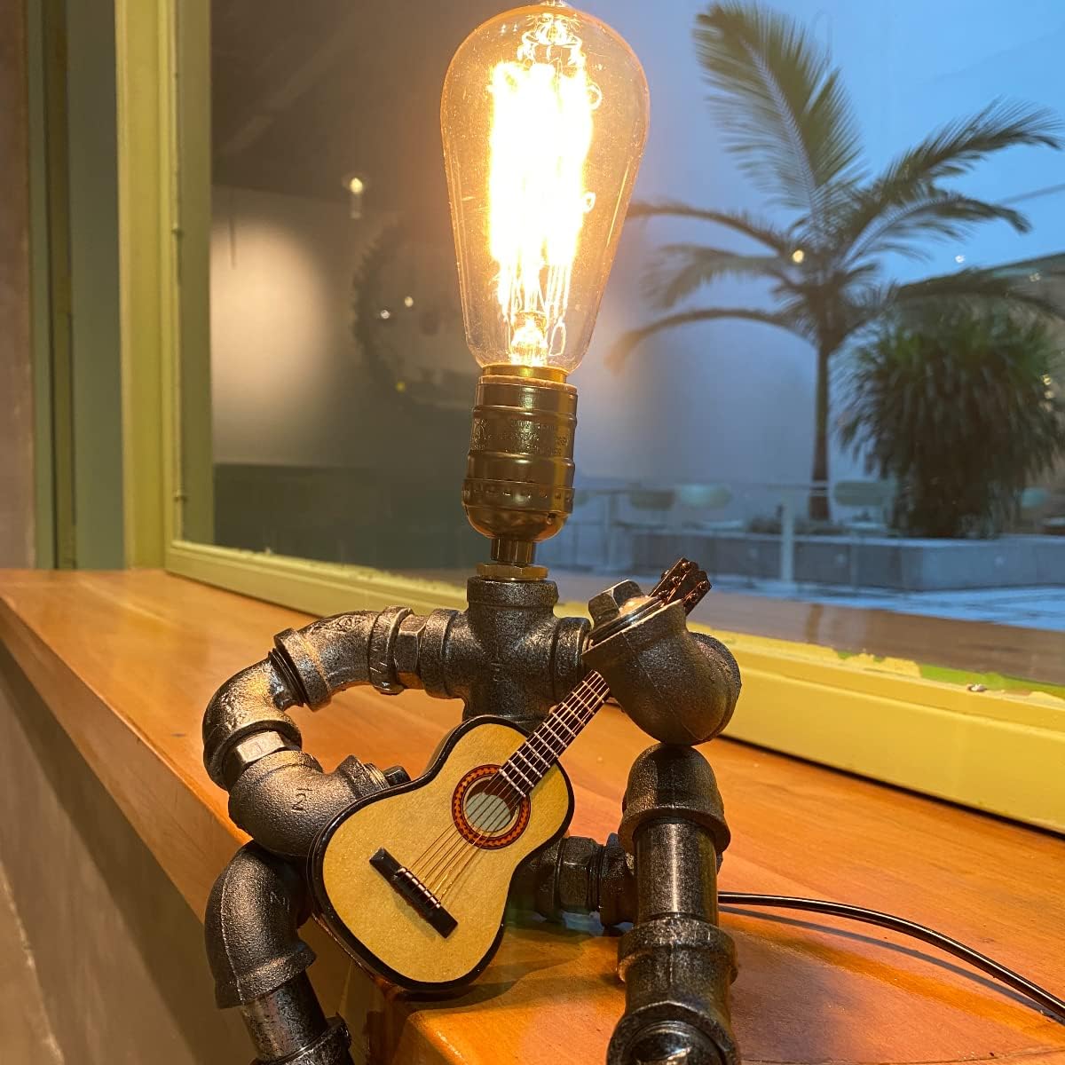 Wibota Guitar Music Table Lamp Music,Guitars Lamps MusicMicrophone Players Retro Edison Bulb, Cool Metal Robot Pipe Light Art Decor