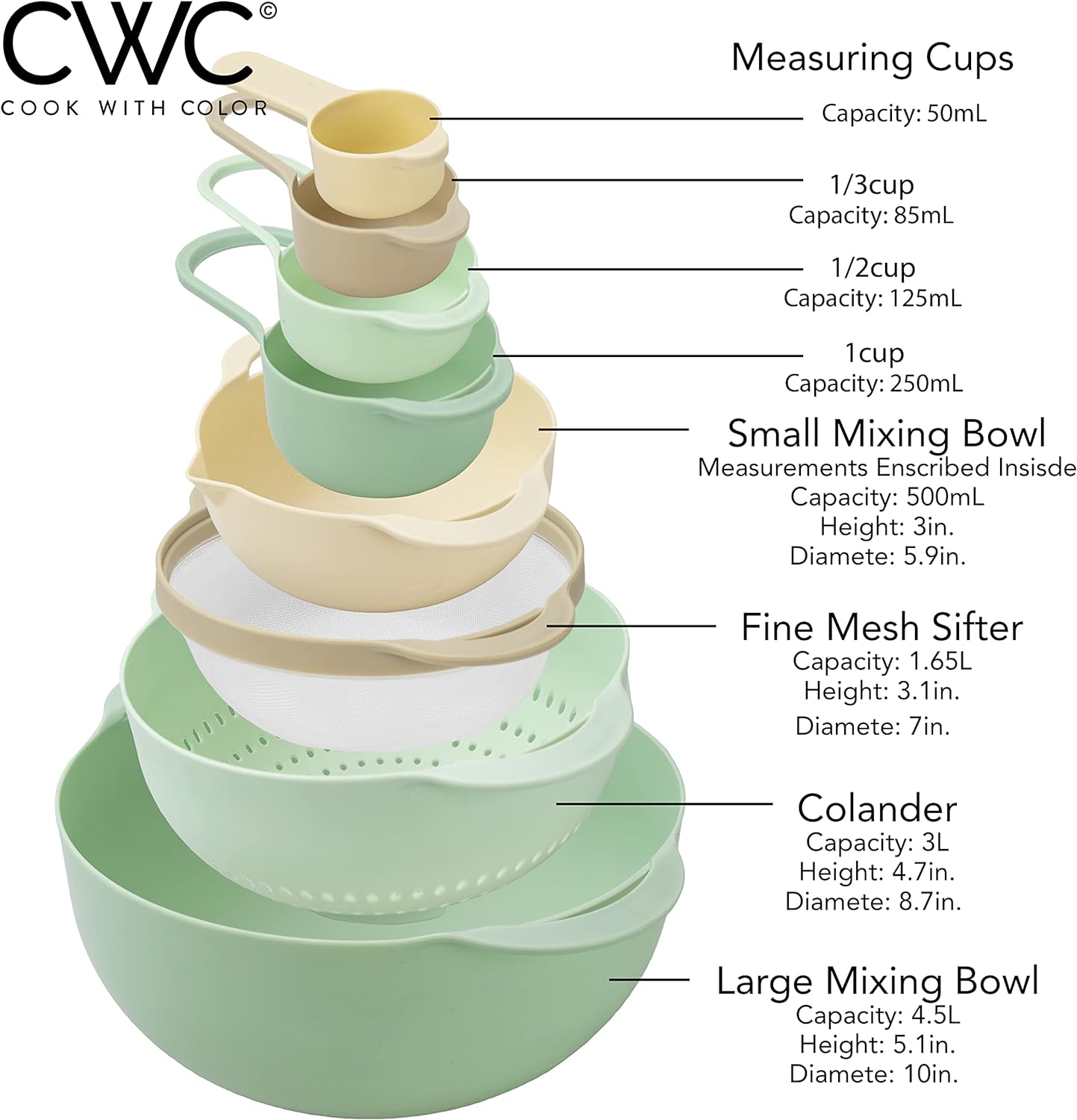 COLORFUL 8 Piece Nesting Bowls, Measuring Cups Colander and Sifter Set - Includes 2 Mixing Bowls, 1 Colander, 1 Sifter and 4 Measuring Cups,Mint Green