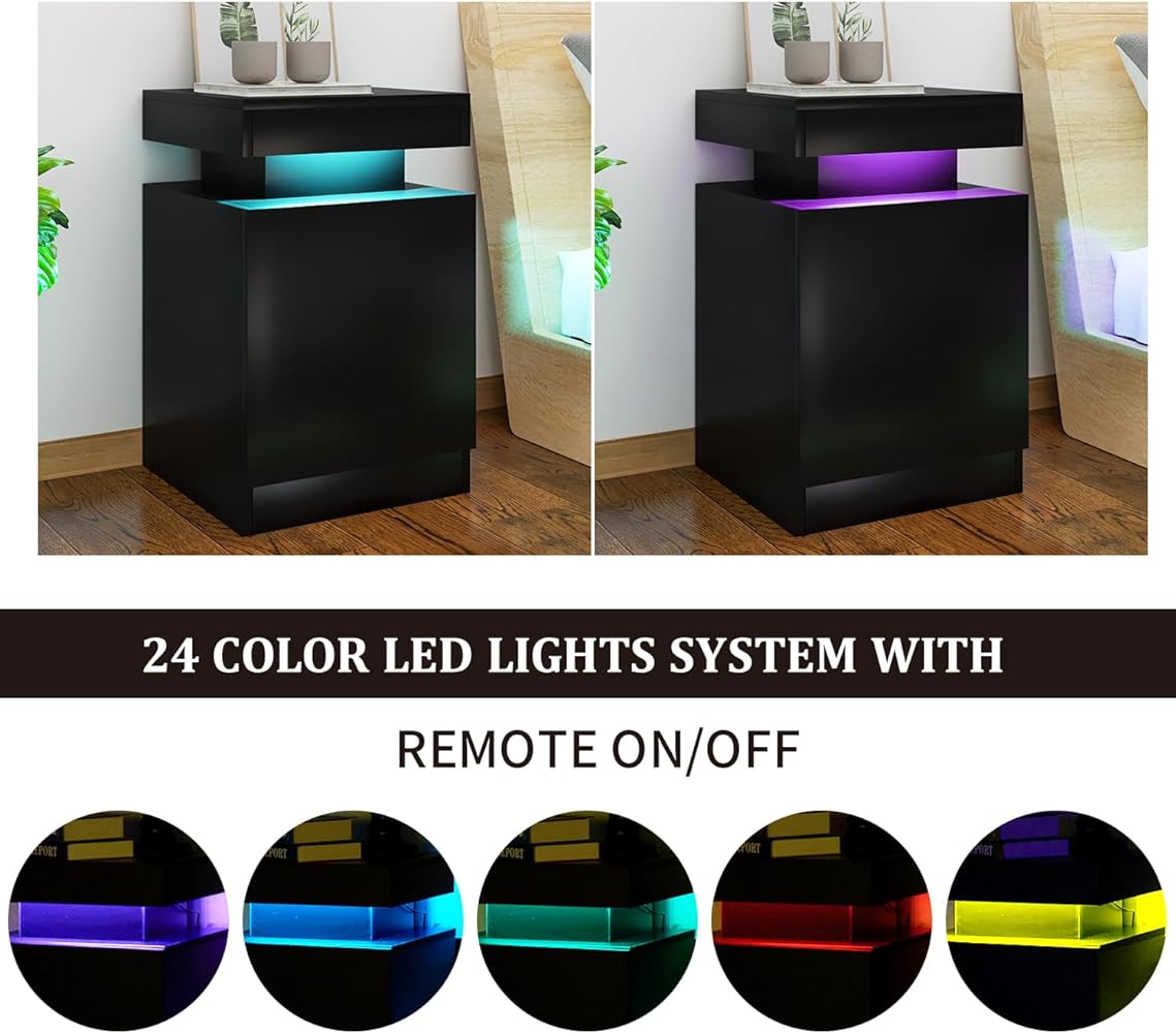 oneinmil Nightstand Set of 2 with LED Lights,Night Stand with Storage Cabinet for Bedroom,Bedside Table with LED, Black