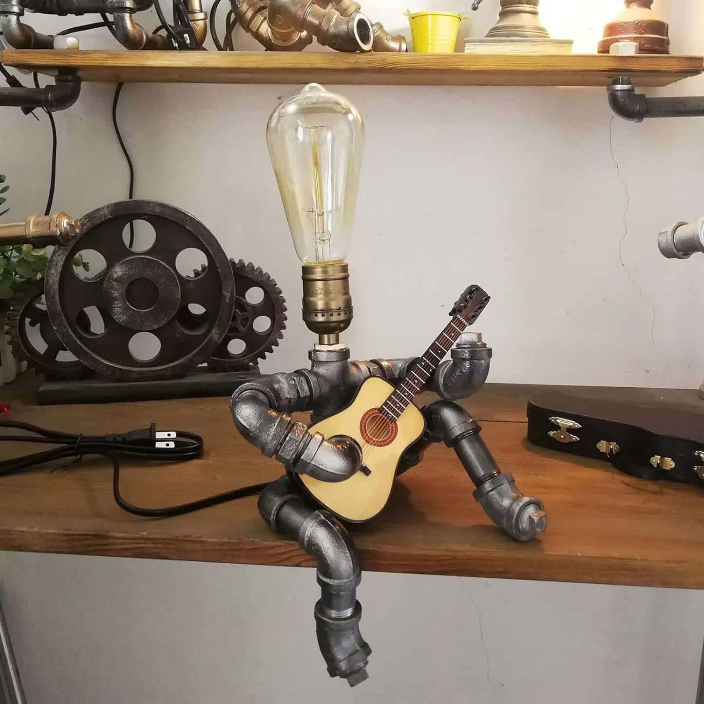 Wibota Guitar Music Table Lamp Music,Guitars Lamps MusicMicrophone Players Retro Edison Bulb, Cool Metal Robot Pipe Light Art Decor