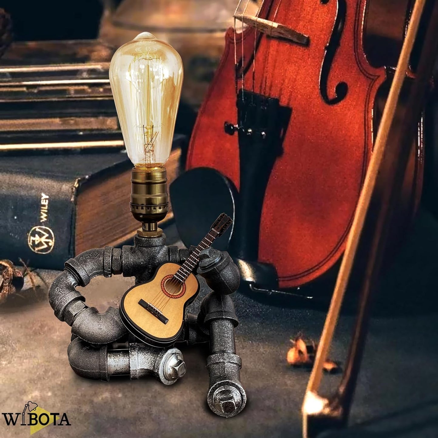 Wibota Guitar Music Table Lamp Music,Guitars Lamps MusicMicrophone Players Retro Edison Bulb, Cool Metal Robot Pipe Light Art Decor