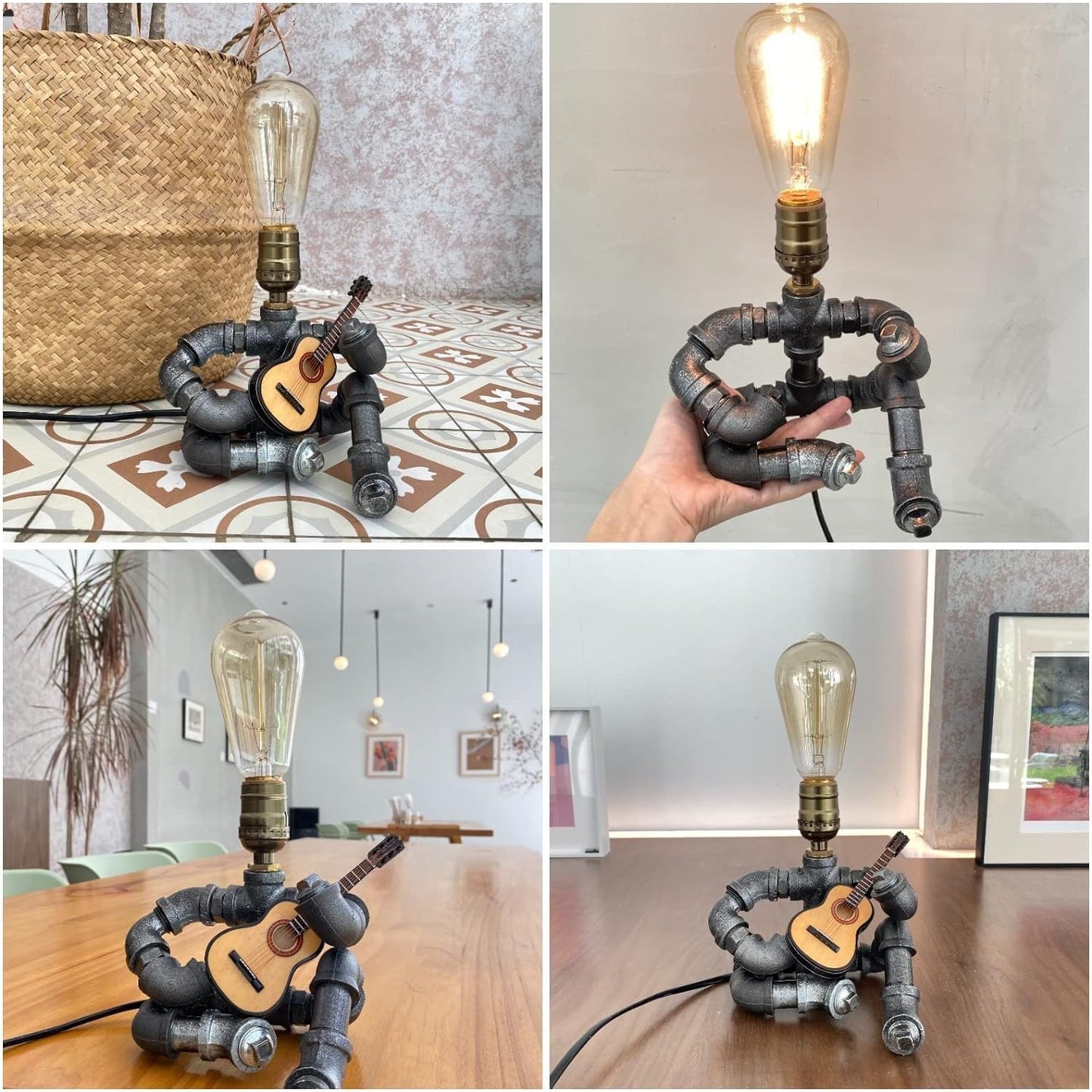 Wibota Guitar Music Table Lamp Music,Guitars Lamps MusicMicrophone Players Retro Edison Bulb, Cool Metal Robot Pipe Light Art Decor