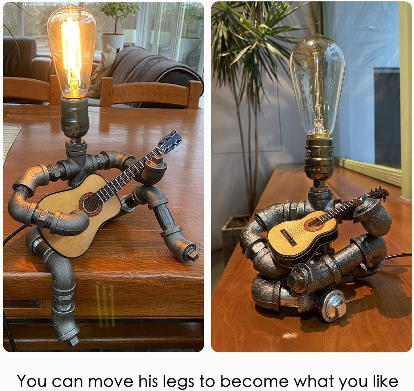 Wibota Guitar Music Table Lamp Music,Guitars Lamps MusicMicrophone Players Retro Edison Bulb, Cool Metal Robot Pipe Light Art Decor