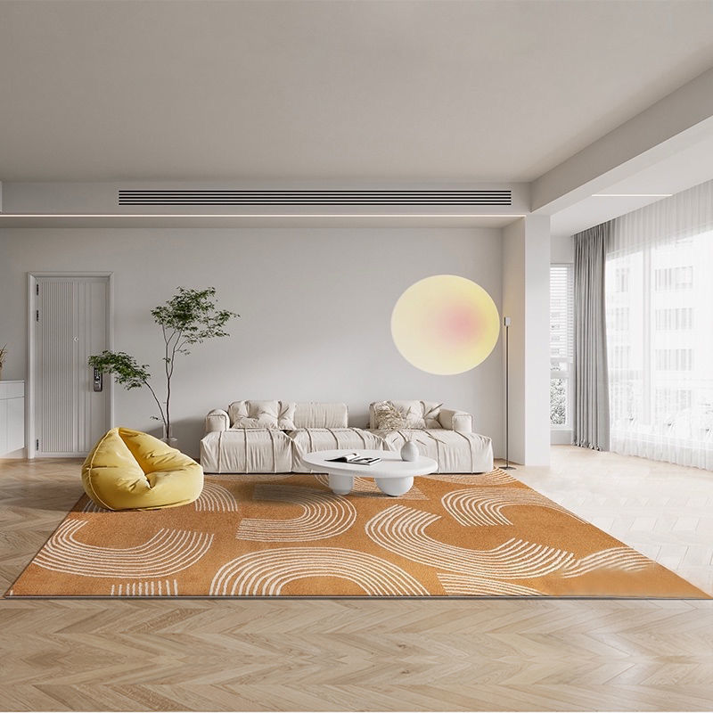 a living room with a large white table cloth 